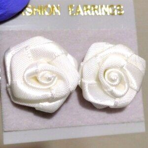 White Rose Fabric Stud Earrings – Satin Flower Design - 0.75" Women's Jewelry